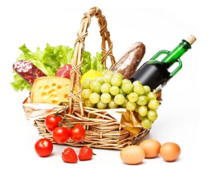 Cesta Rustica con Frutas, Vino, Queso y Charcutería